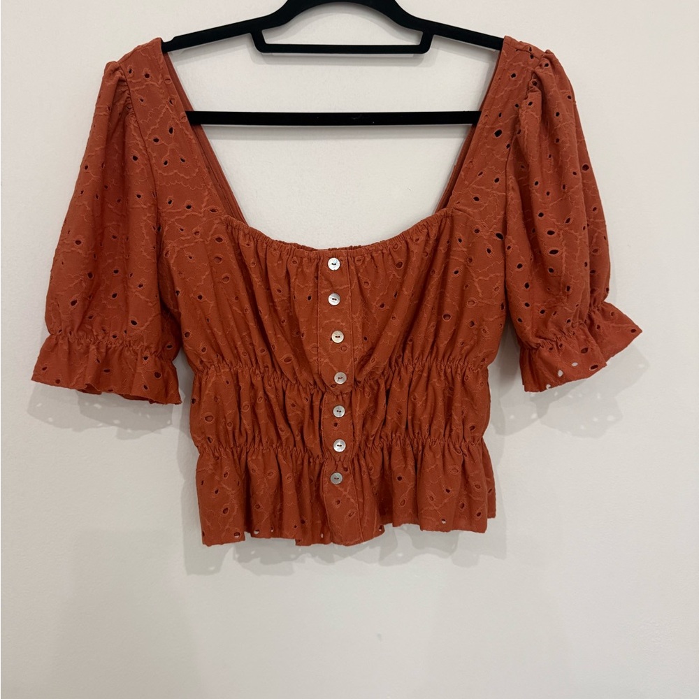 Forever 21 Eyelet Puff Sleeve Crop Top Terracotta Boho Cottagecore M
